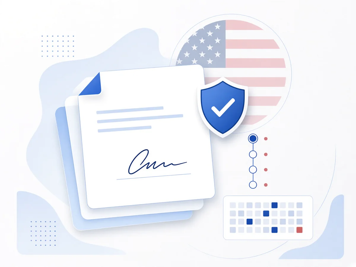 Electronic document, evidence shield, audit trail, and United States flag illustration